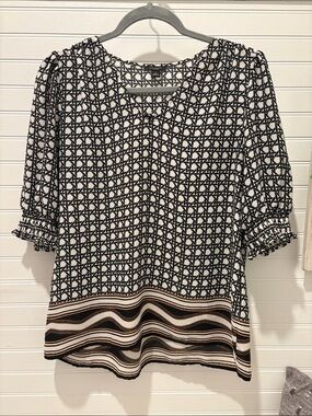 Ann Taylor Black and White Geometric Print Blouse with Striped Hem